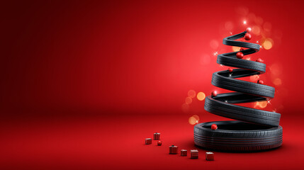 Christmas tree made from car tire with red ornament. Winter holiday season decoration for automotive business. Festive auto service advertising.