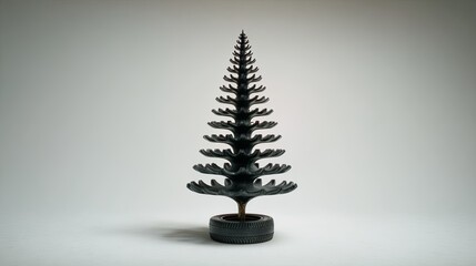 Abstract Christmas tree made from car tire recycling material with a white background. Holiday decoration concept for eco-friendly Christmas.