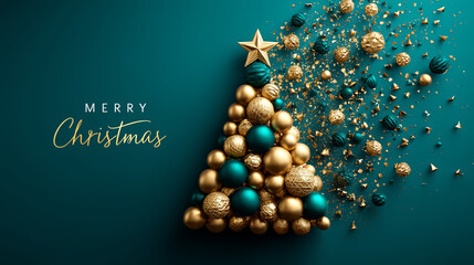 Abstract Christmas tree made of gold and blue ornament on a dark background. Festive greeting card for celebrating Merry Christmas and New Year.