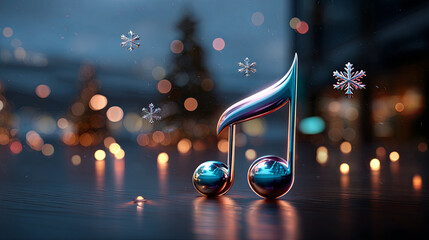Musical note standing on a reflective surface with bokeh background and snowflakes. Christmas and Holiday music concept for winter events.