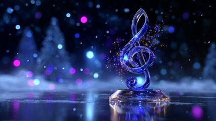 Glowing musical treble clef with sparkling elements on a reflective surface against a bokeh Christmas background, representing a melodic holiday atmosphere.