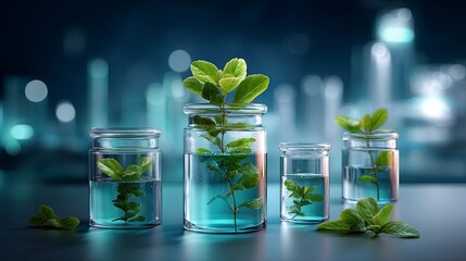 Green plant sprouts in glass jars with water. Concept of sustainable development and innovation for a clean green environment.