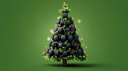 Christmas tree made from car tires and green pine branches with festive decorations. Creative holiday concept for automotive industry.