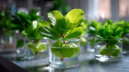 Green plants in transparent glass containers. Concept of laboratory experiment, hydroponic growth, or propagation for home gardening.
