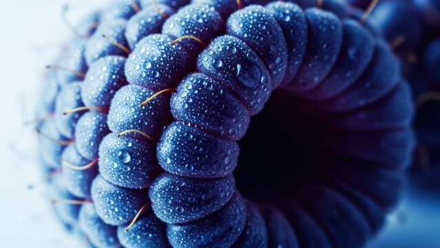 Close up of a blue raspberry with water droplets showing macro details and textures suitable for food and nature related projects