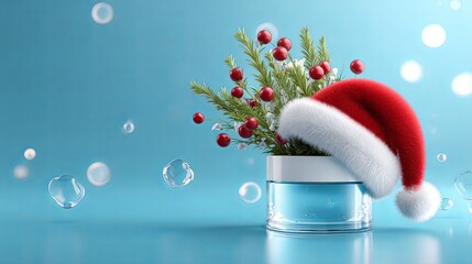 Holiday skincare product with Santa hat and winter plants. Christmas or New Year cosmetic concept for beauty care and seasonal marketing.