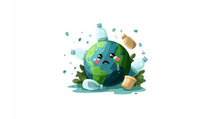 Sad earth with cartoon face covered in plastic bottle. Environmental pollution awareness concept for Earth day or conservation campaign.
