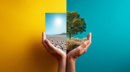 Woman holding a divided image showing a desert on one hand and a tree on the other, representing climate change impact and environmental choice