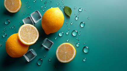 Fresh lemon with ice cube and water drop on a turquoise surface for a refreshing drink concept and healthy food background.