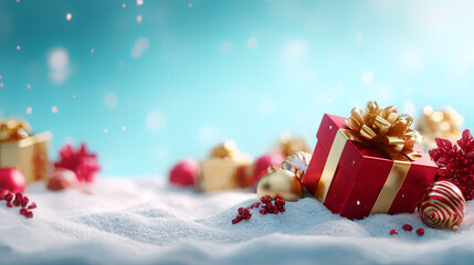 Red gift box and Christmas ornaments rest on snow. Festive holiday decoration for gifting and winter celebration on a light blue background.