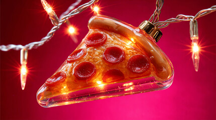 Christmas lights illuminate a glass pizza slice ornament. Festive holiday decoration. Merry Christmas and Happy New Year concept display.