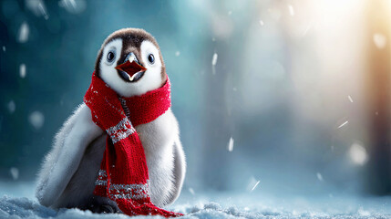 Cute baby penguin wearing red scarf in winter snow. Holiday season animal for greeting card and seasonal promotion. Cozy christmas concept.