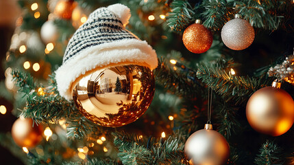 Christmas tree with festive ornaments, including a golden ball reflecting the room and wearing a knit hat, for Holiday decoration.