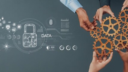 Two hands connect gears while a digital padlock represents data security in a modern office, highlighting the importance of collaboration and technology in innovative solutions. Raster - Powered by Adobe