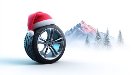Winter tire with a red Santa hat on a snowy landscape background. Festive tire sales and service concept for winter season and Christmas.