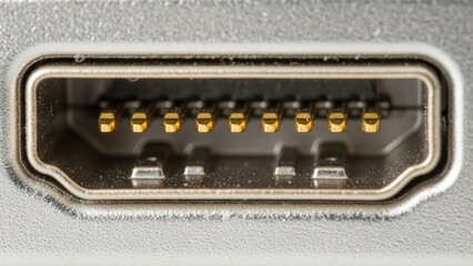 Close up of a mini display port connector on a silver background