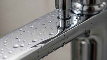 Close up of a shiny chrome faucet with water droplets detail shot