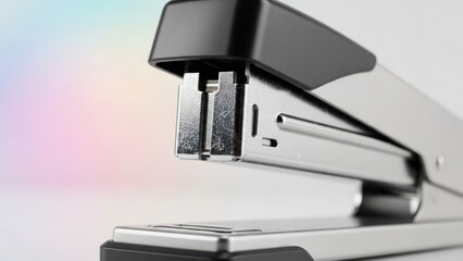 Close up of a silver and black stapler with a soft gradient background