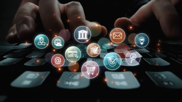 Set of business and digital service icons representing finance, cloud, analytics, email, communication, ecommerce, cybersecurity, and global connectivity in a modern ecosystem Marrow