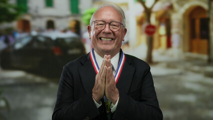 Senior man in suit standing outdoors on a street, smiling and clasping hands, wearing a medal, conveying a sense of accomplishment and gratitude in an urban setting.