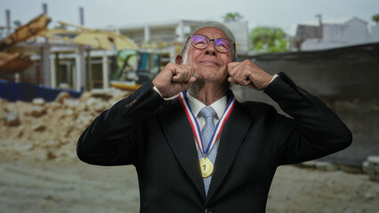 Senior man in suit at construction site gestures crying with medal showcasing emotions of success and nostalgia in business environment.