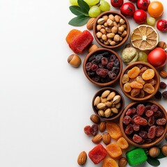 Obraz premium Assorted healthy dried fruits nuts and berries in small bowls on a white background displaying colorful fresh tomatoes and almonds for snack or cooking ingredients