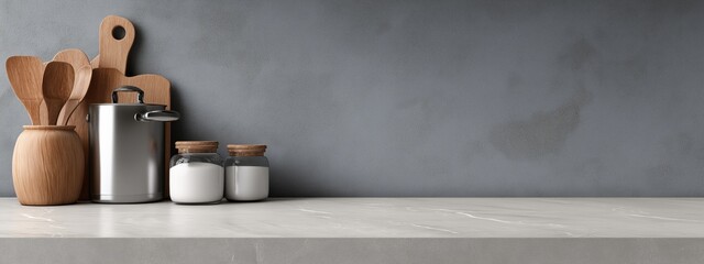 A kitchen counter with a few items on it, including a wooden spoon, a jar, and a pot