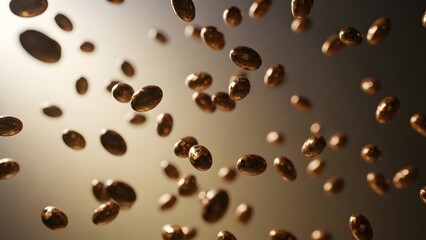 Obraz premium Brown coffee beans scattered on a surface with dramatic lighting