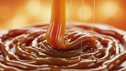 Close up of flowing caramel textured and rich against a warm orange background commercial use concept