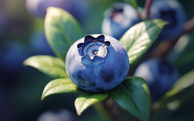 Macro shot of a fresh blueberry on a leafy branch