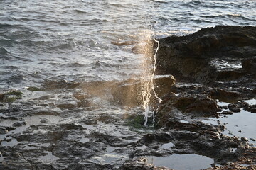 Sea geyser erupting from rocks under wave pressure
