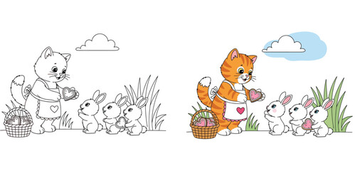 Obraz premium Cute Cartoon Ginger Cat Wearing Apron Giving Heart Cookies to Small White Bunnies, Lovely Animal Illustration of Kindness and Sharing for Valentine's Day and Kids Stories