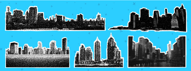 A set of collage elements. Halftone illustrations of cityscapes. Skyscrapers, towers, and bridges cut out from magazines on a blue background. Vector fashion illustration