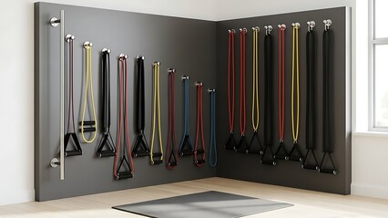 Resistance bands and exercise equipment mounted on a gray wall in a fitness room with a window