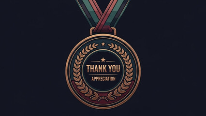 Golden medal with thank you appreciation message on black background with laurel wreath and ribbons