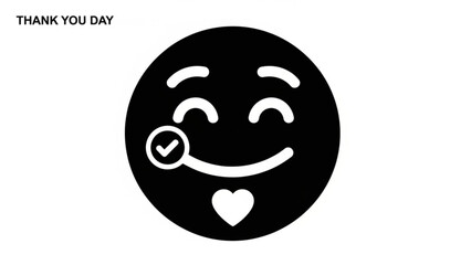 Obraz premium Black smiling face emoticon with checkmark heart symbol on white background for thank you day