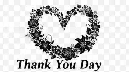 Black heart shaped floral wreath with thank you day text on transparent background for appreciation and gratitude expressions