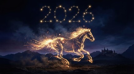 A stunning digital art piece depicts the year 2026 above a magical horse galloping through a celestial landscape. The horse is made of glowing light.
