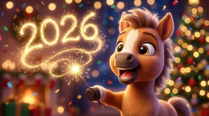 A cute cartoon pony celebrates the new year with a sparkler, illuminating the year 2026. The scene is festive, with a decorated Christmas tree and presents.