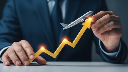 Businessman analyzing travel industry growth with airplane and rising chart