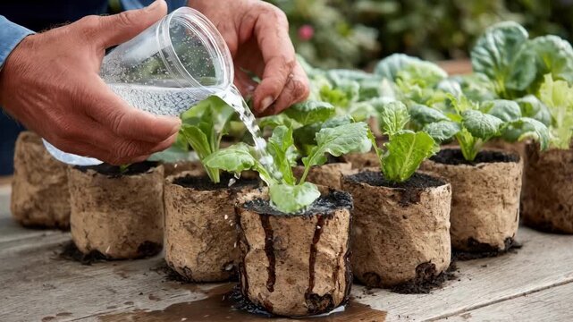Natural light medium shot of a person watering young plants growing in biodegradable flower pots emphasizing green compostable gardening solutions.