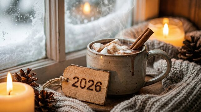 A cozy winter scene featuring a mug of hot chocolate, candles, and a scenic view of a snowy landscape - Powered by Adobe
