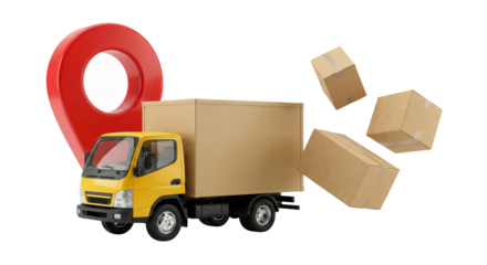 innovative delivery concept with miniature truck and floating boxes isolated transparent background