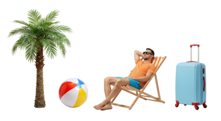 Relaxing vacation scene with tropical palm tree beach chair suitcase and colorful beach ball