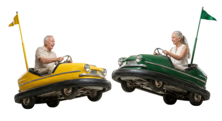 Joyful elderly couple enjoying playful bumper car ride on isolated transparent background