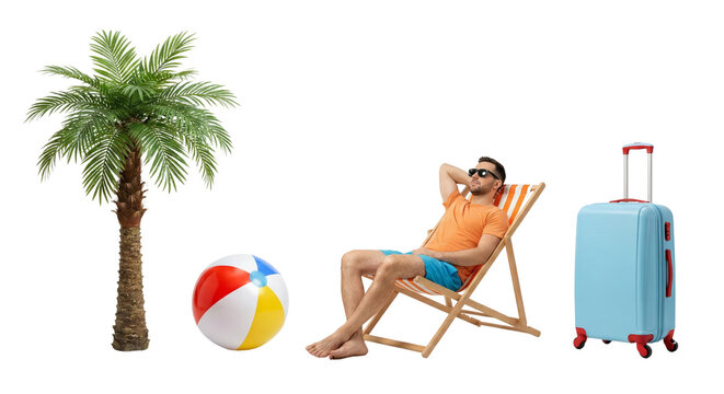 Relaxing vacation scene with tropical palm tree beach chair suitcase and colorful beach ball - Powered by Adobe