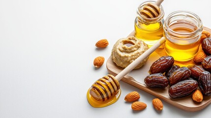 Assorted natural honey jars with wooden dipper, date fruits, almonds, and honey dip on white background for healthy food and organic sweetener concept