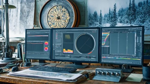 Medium shot of a digital proofing workstation featuring calibrated monitors displaying precise color reviews in a creative studio environment.