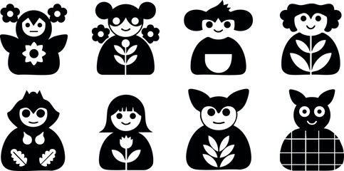 Fototapeta premium Cute black and white flower girls vector set with owl character and floral patterns 