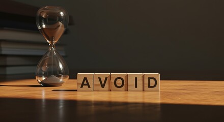 hourglass and wooden blocks with avoid text on table